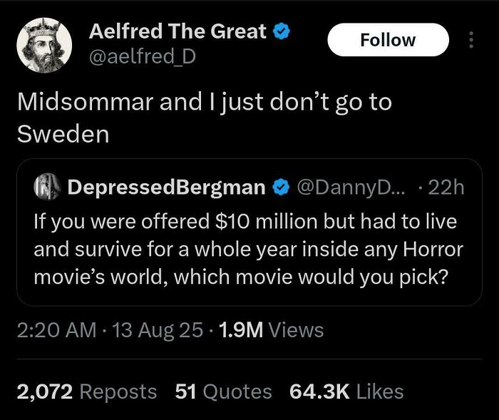 A tweet responding to a horror movie survival challenge, choosing to avoid Sweden and Midsommar. Funny comments.