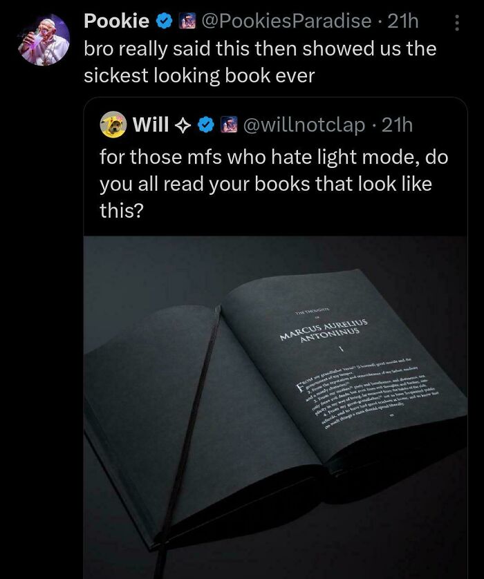 A funny comment about reading in the dark, showing an open book with faint text in a dim setting.
