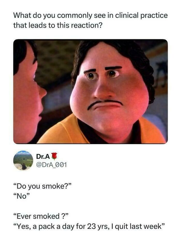 A funny comment featuring a meme of a man with swollen cheeks, representing a reaction to a doctor's questions.