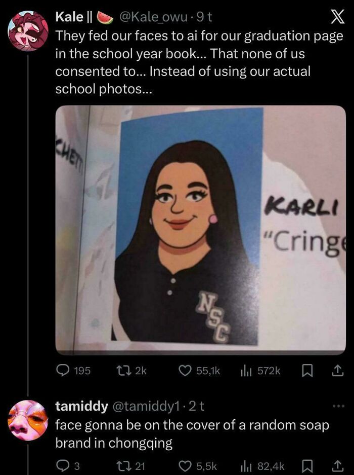 A funny comment about AI generated graduation photos in a yearbook, showing a cartoonish student portrait.