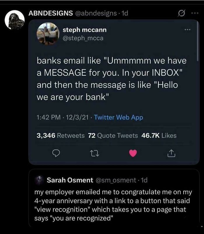 Screenshot of funny comments on social media about banks and employers sending unhelpful messages.