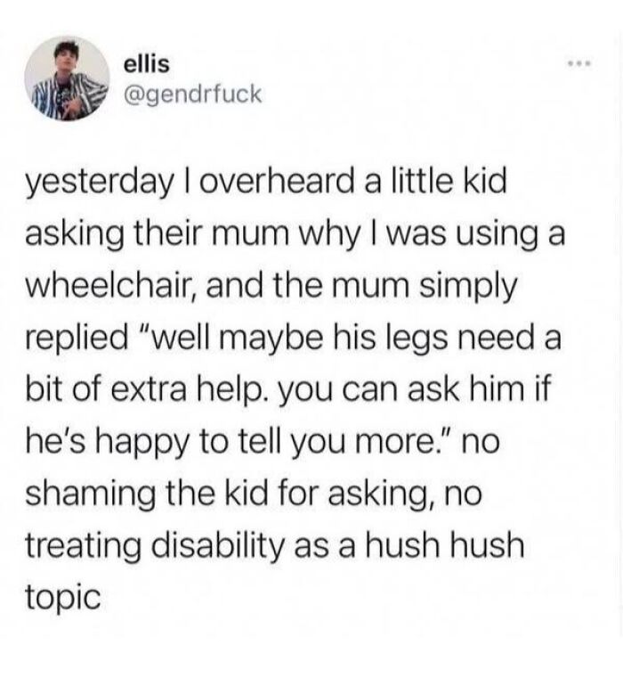 A screenshot of a tweet about a child asking about a wheelchair and a mother's kind reply, showing wholesome people.