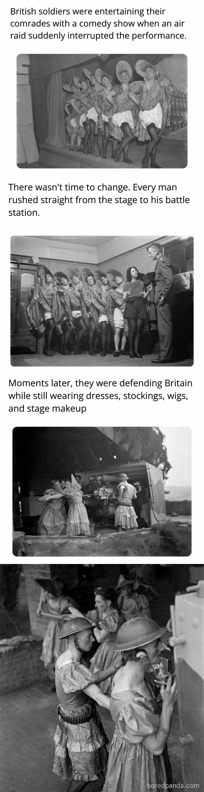 Black and white image of British soldiers in dresses, wigs, and makeup, manning a battle station, showing fascinating facts.