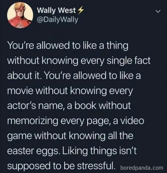 Wholesome people: A Twitter post stating that it is okay to like things without knowing everything about them, supporting people online.