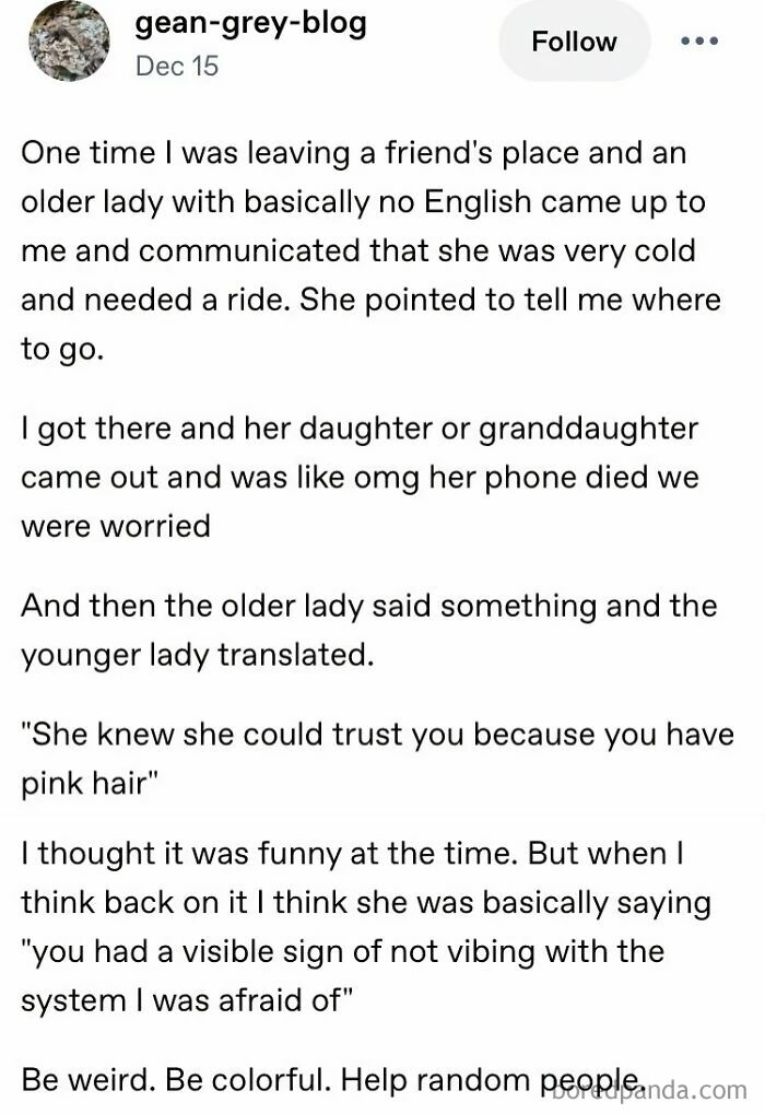 A wholesome blog post describing an encounter with an older woman, where kindness and pink hair built trust, showcasing people's generosity online.