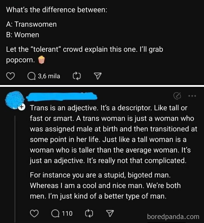 A social media post with a witty and wholesome explanation of the difference between transwomen and women, having someone's back.