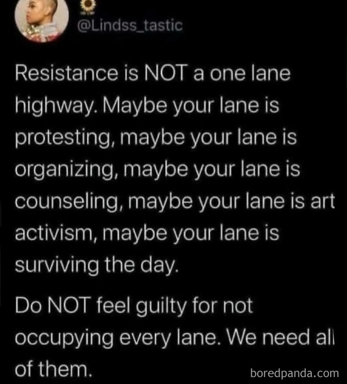 A wholesome tweet about resistance not being a one-lane highway, supporting people who had someone else's back online.