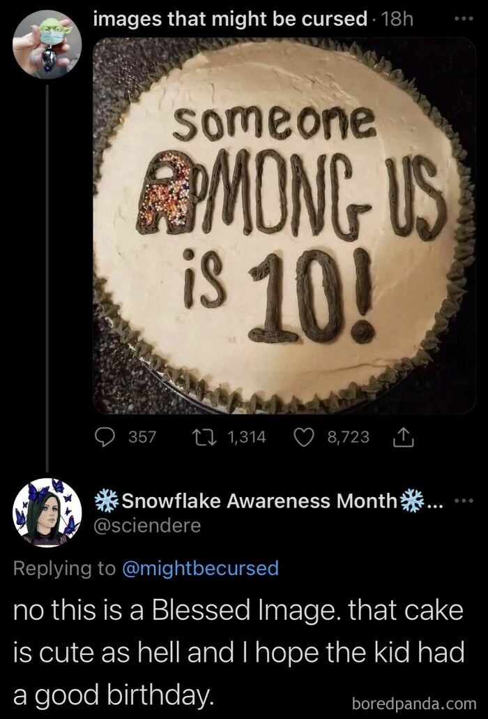A wholesome birthday cake celebrating a 10-year-old Among Us fan, showing someone having someone else's back.