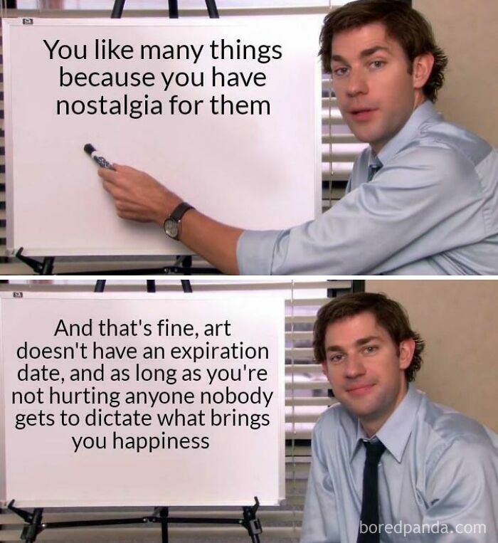 A meme of Jim Halpert pointing at a whiteboard, sharing wholesome advice about nostalgia and happiness online.