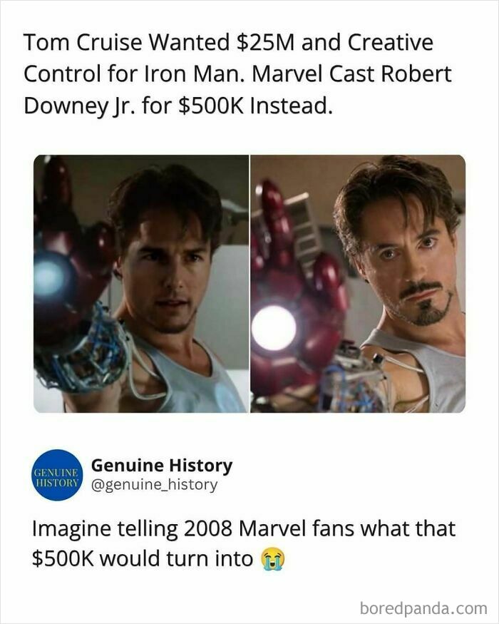 Split image of Tom Cruise and Robert Downey Jr. as Iron Man, revealing a fascinating fact about casting choices.