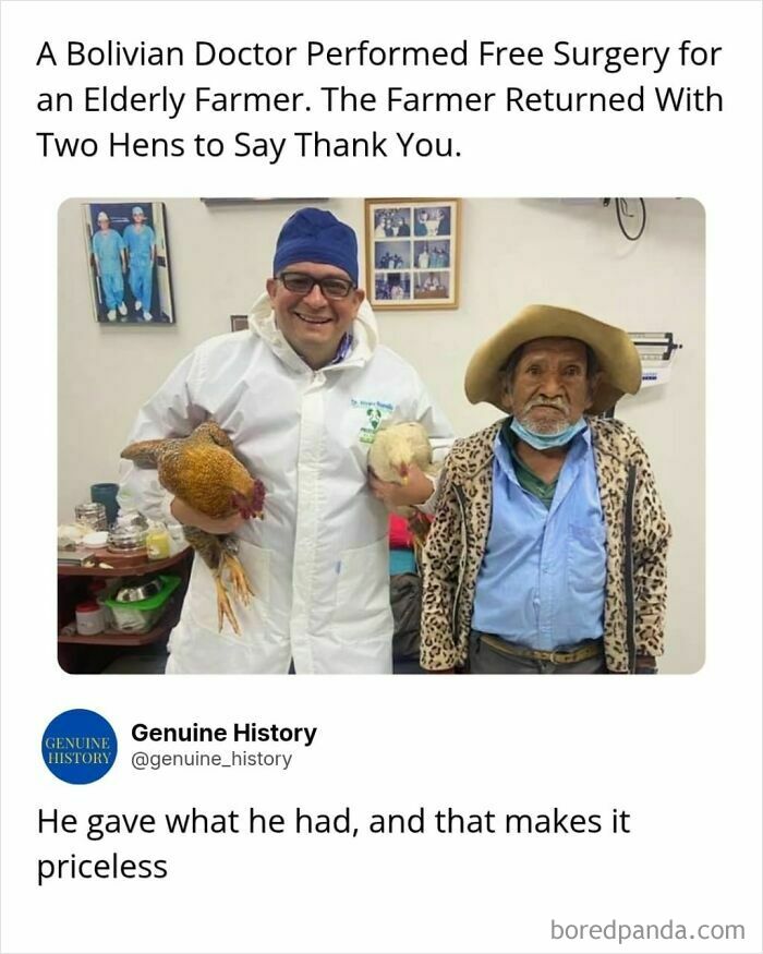 A Bolivian doctor holding two chickens with an elderly farmer, highlighting a fascinating fact about gratitude.