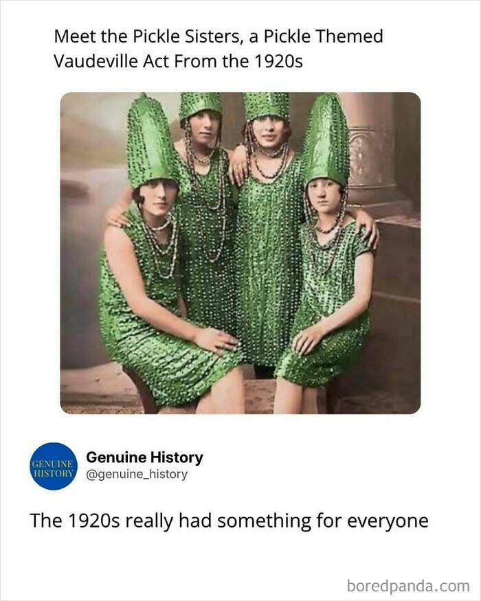 The Pickle Sisters, a 1920s vaudeville act, dressed in pickle-themed costumes.