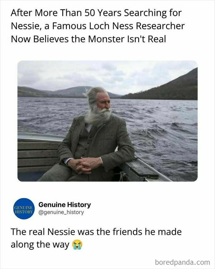 Fascinating facts: A researcher with a long white beard sitting in a boat on Loch Ness, after years of searching for Nessie.