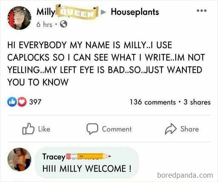 A wholesome Facebook post where Milly introduces herself using caplocks due to bad eyesight, receiving a kind welcome.