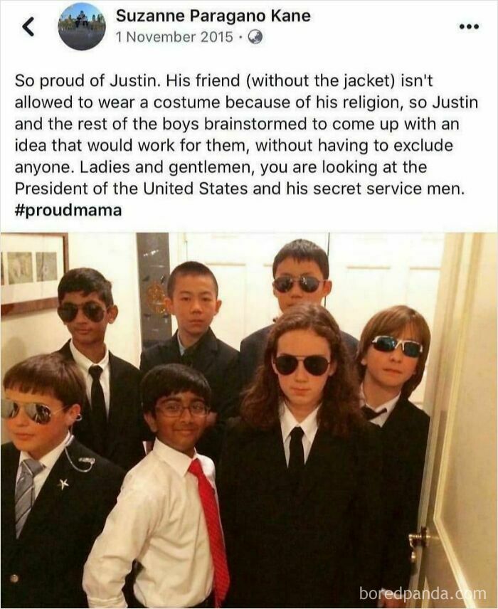 Wholesome people: A group of young boys dressed as secret service agents, supporting their friend online.