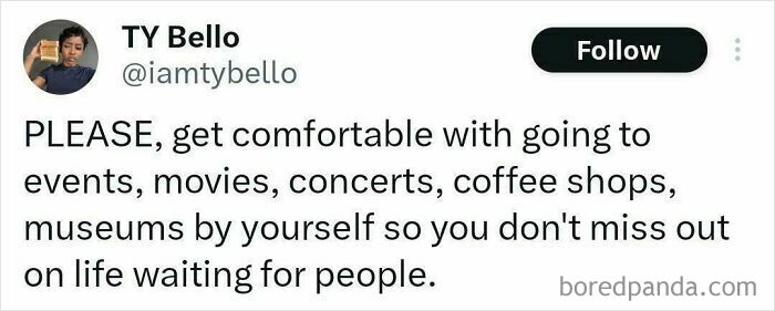 A wholesome tweet encouraging solo activities, reflecting the sentiment of having someone else's back for self-care.
