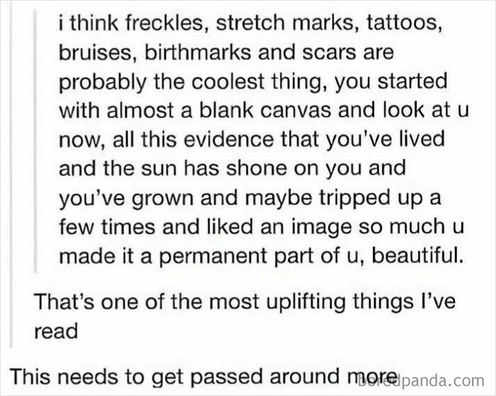 A screenshot of wholesome text that praises freckles, stretch marks, tattoos, and scars as evidence of a lived life, supporting people online.