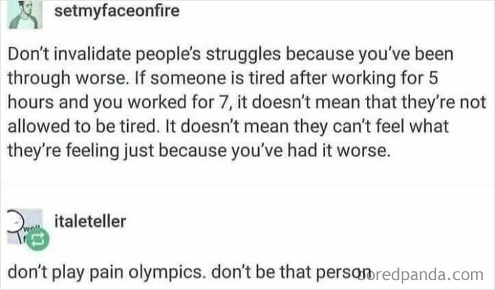 A text post discussing not invalidating struggles, emphasizing support among wholesome people online.