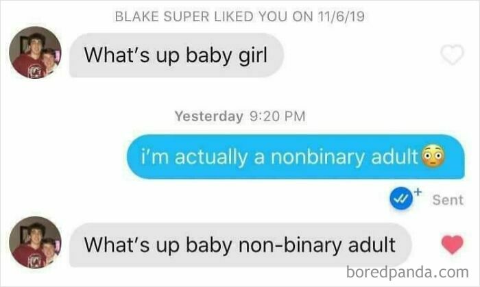 Screenshot of a dating app conversation where someone addresses a nonbinary adult, showing wholesome people respecting identities.