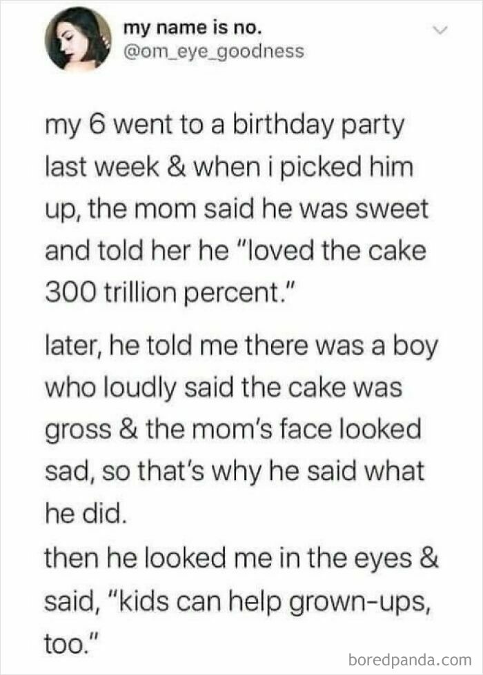 Screenshot of an online post where a child had someone else's back by complimenting a cake.