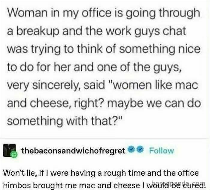 A wholesome tweet about office coworkers planning to cheer up a colleague with mac and cheese after a breakup online.