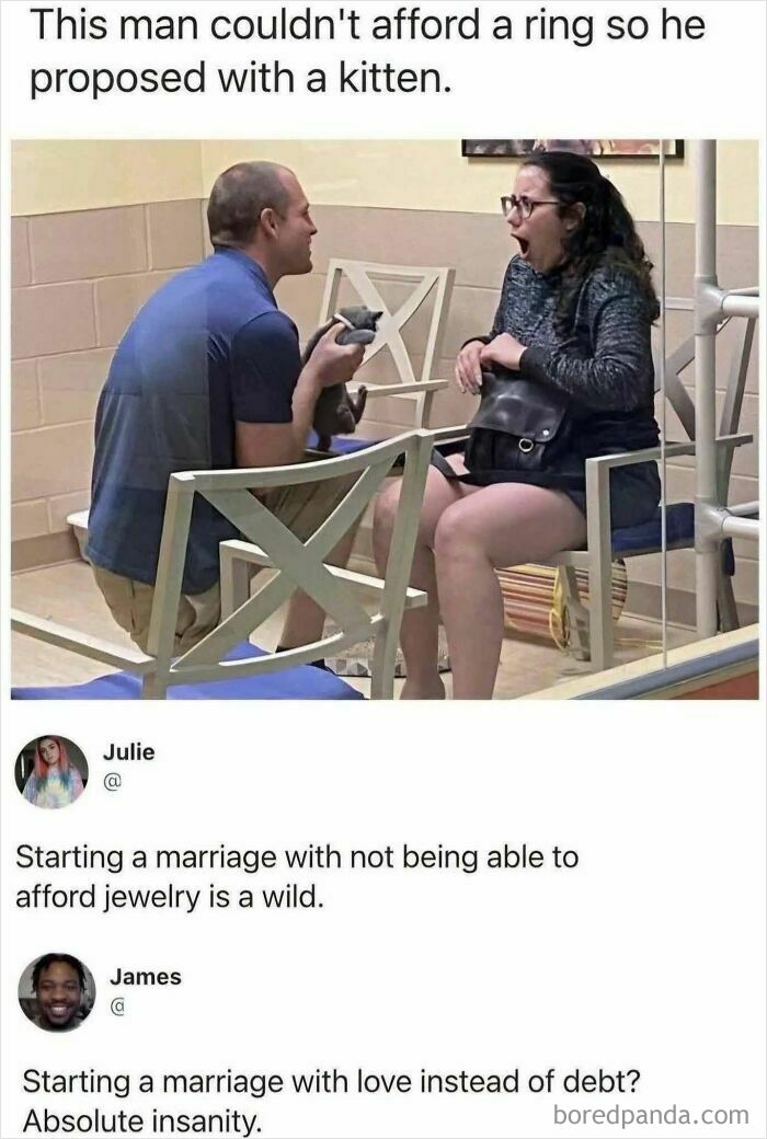 A wholesome image of a man proposing with a kitten and comments about starting marriage with love, not debt online.