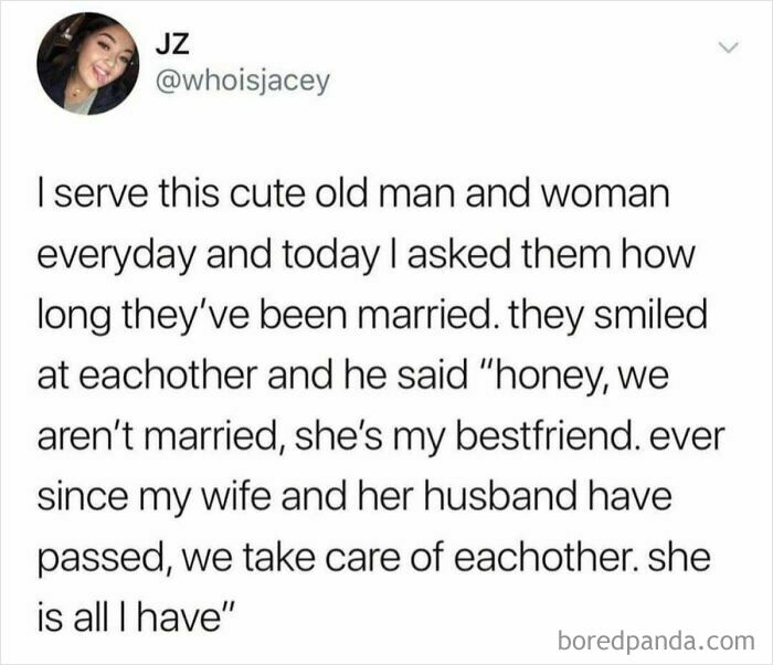 A wholesome tweet about an old man and woman who are best friends and take care of each other online.