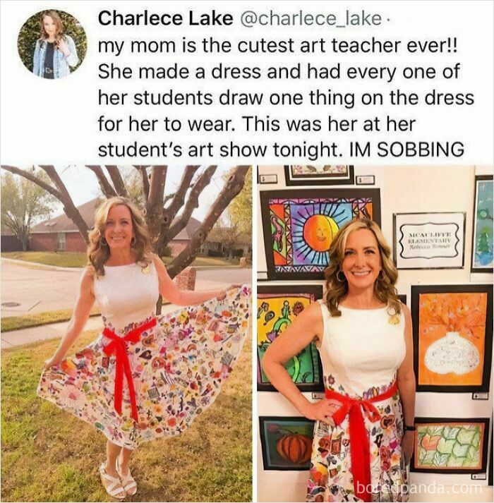 A woman wearing a dress adorned with student art, showcasing wholesome people supporting others online.