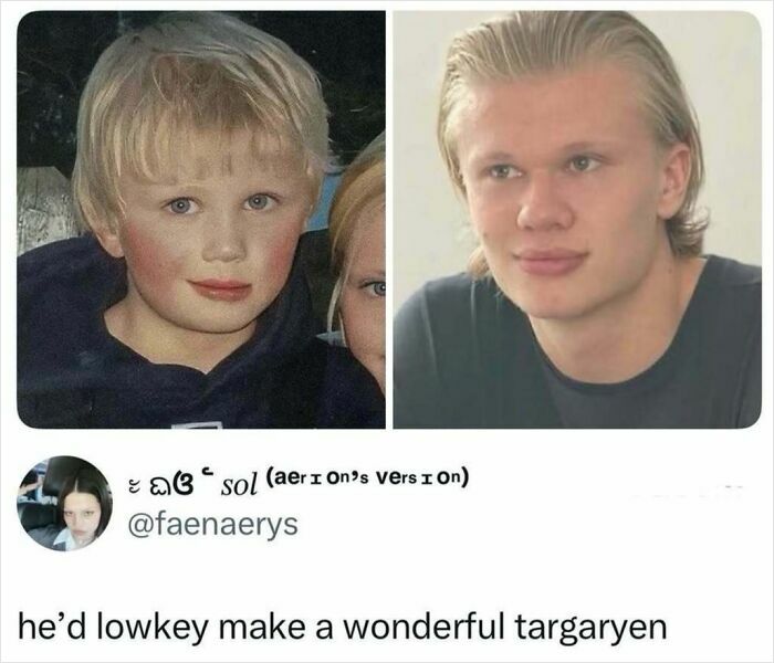 A split image showing a young boy and a grown man, with a tweet suggesting he'd make a Targaryen, for a quick laugh.