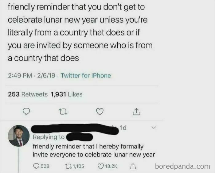 Wholesome people: A Twitter screenshot of an invitation to celebrate Lunar New Year, showing people's backs online.