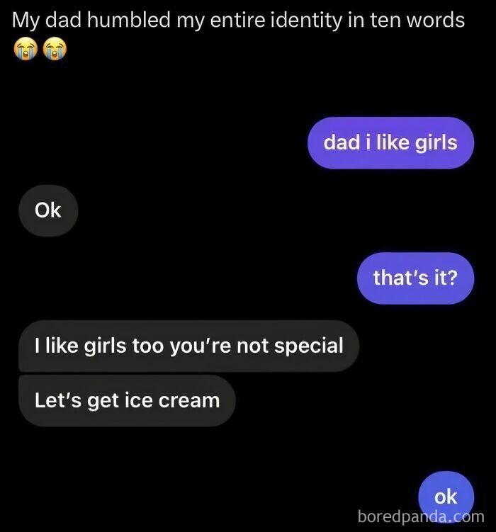 A wholesome text message conversation where a dad responds to his daughter coming out in a funny, supportive way online.