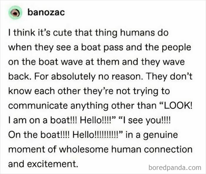 A text post describing humans waving at boats, a wholesome moment of human connection and excitement.