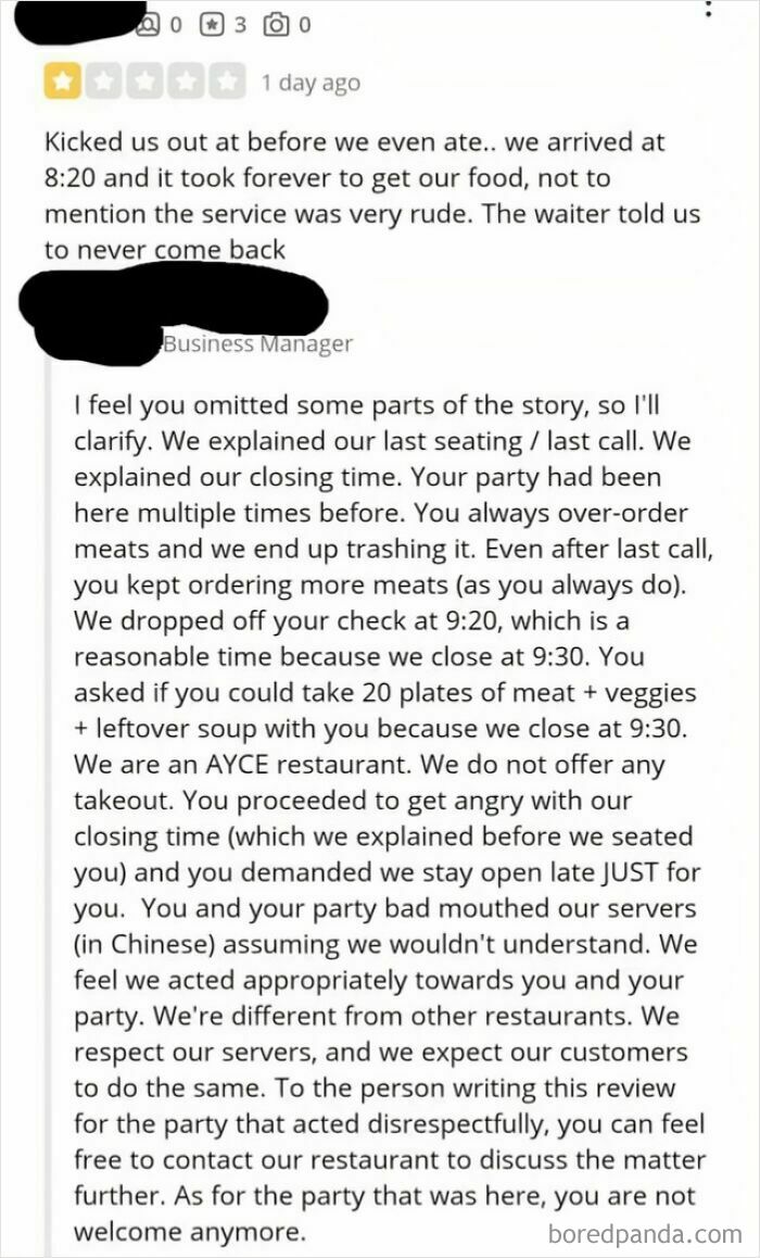 A restaurant review and manager's response, showing a dispute over rude service, reflecting challenges for service industry workers.