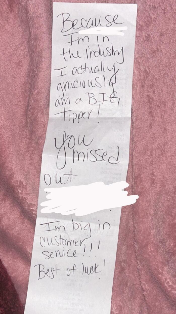 Handwritten note from a service industry worker, mentioning being a big tipper and customer service.