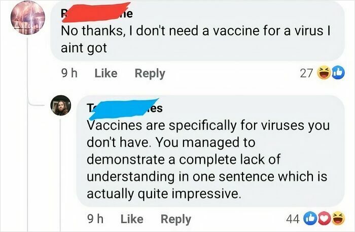 A social media exchange displaying stupidity about vaccines and how they work.