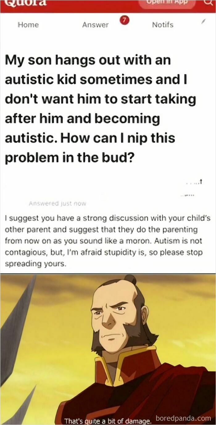 A Quora post and reply showcasing stupidity about autism, with an Avatar character meme.
