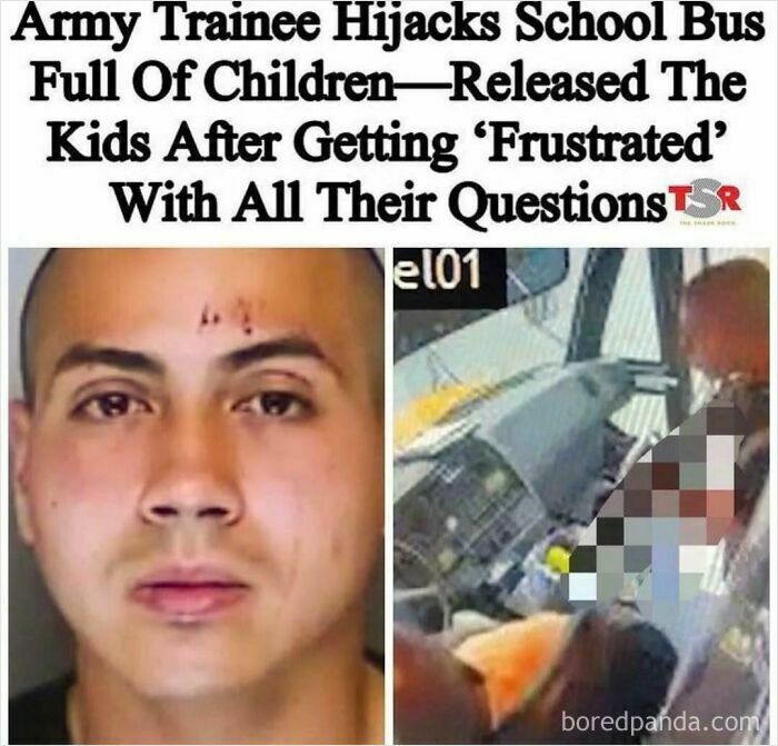 A news headline and mugshot illustrating the stupidity of an army trainee who hijacked a bus.