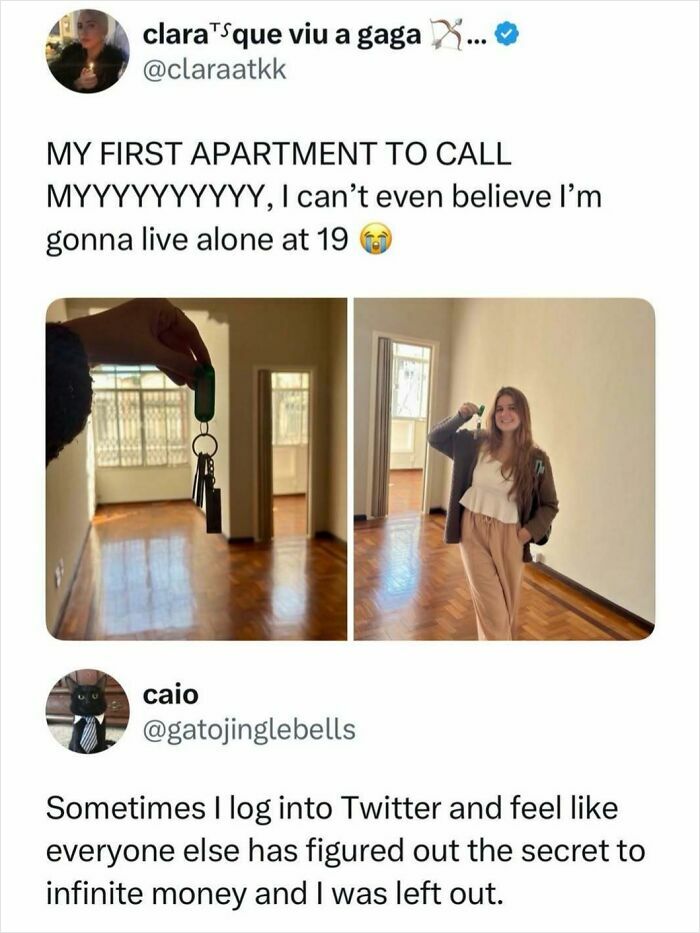 A tweet from someone surprised to be living alone at 19, contrasted with another tweet about financial envy, for a quick laugh.