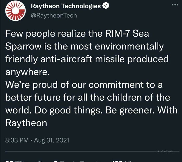 Raytheon tweet about RIM-7 Sea Sparrow missile environmental friendliness, highlighting insulting consumerism with a 400% price difference.