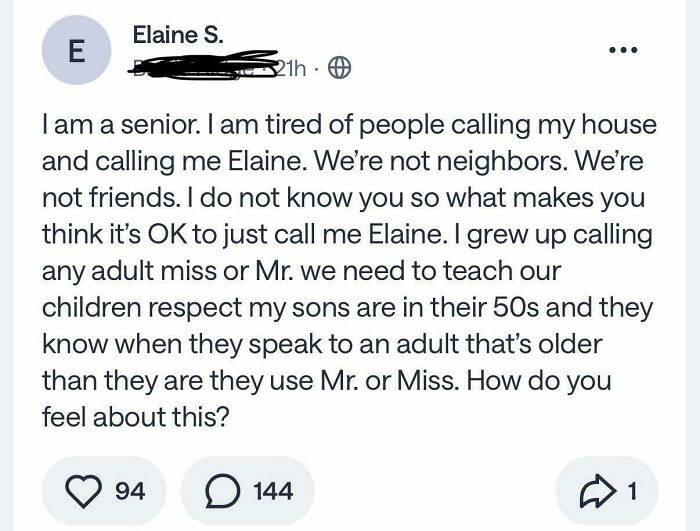 A funny neighborhood online community screenshot showing a senior's rant about being called by her first name.