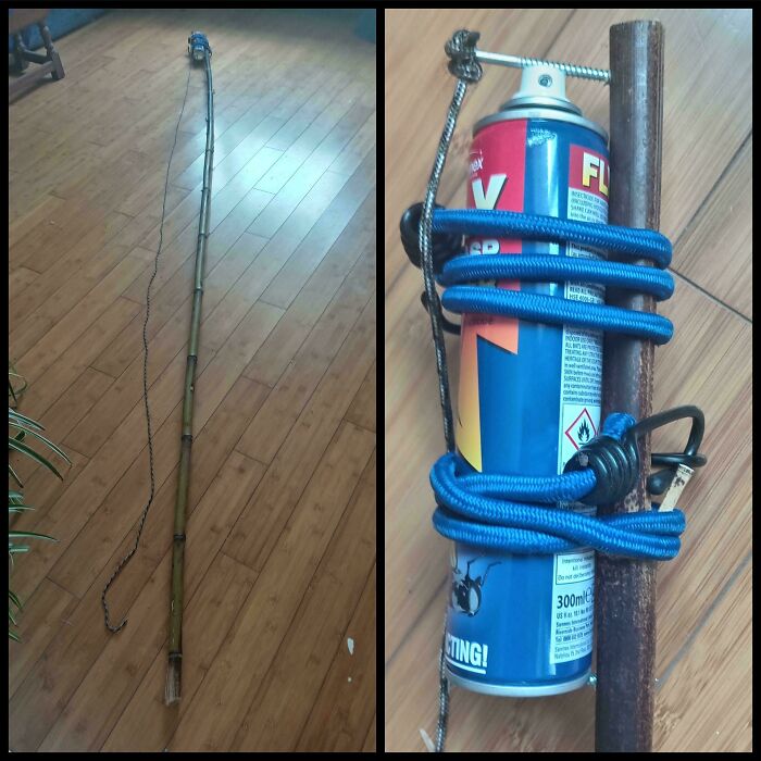 A long stick with a can of insect repellent attached, a clever solution for pest control from random junk.