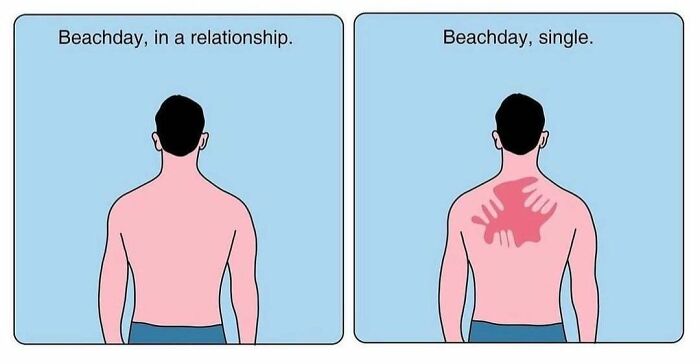 Funny meme about summer heat with two shirtless men showing the difference in sunburn between being single and in a relationship on a beach day.