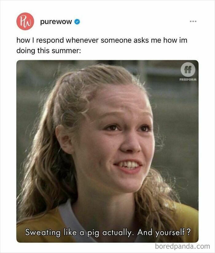A funny meme showing a woman sweating and complaining about summer heat.