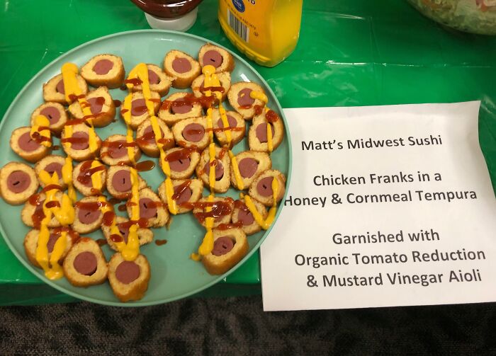 A platter of mini corndogs with ketchup and mustard, named Matt's Midwest Sushi, a piece of disgusting food.