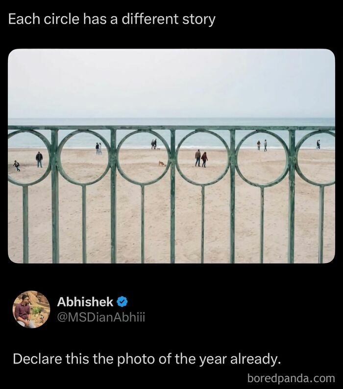 A creative photo capturing internet posts, showing people on a beach through the circular openings of a fence.