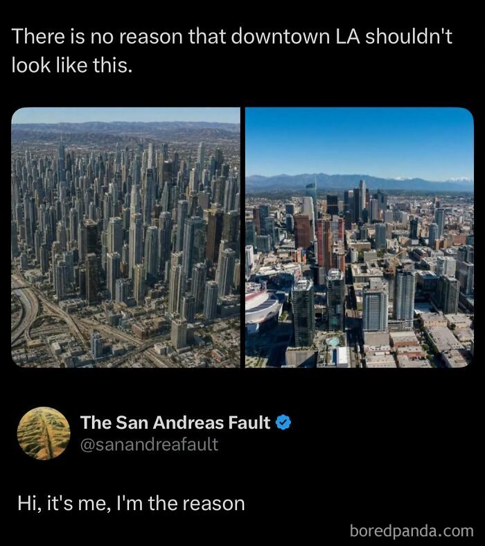 An aerial comparison of densely packed skyscrapers and a more spread-out downtown LA skyline, internet posts and viral moments.