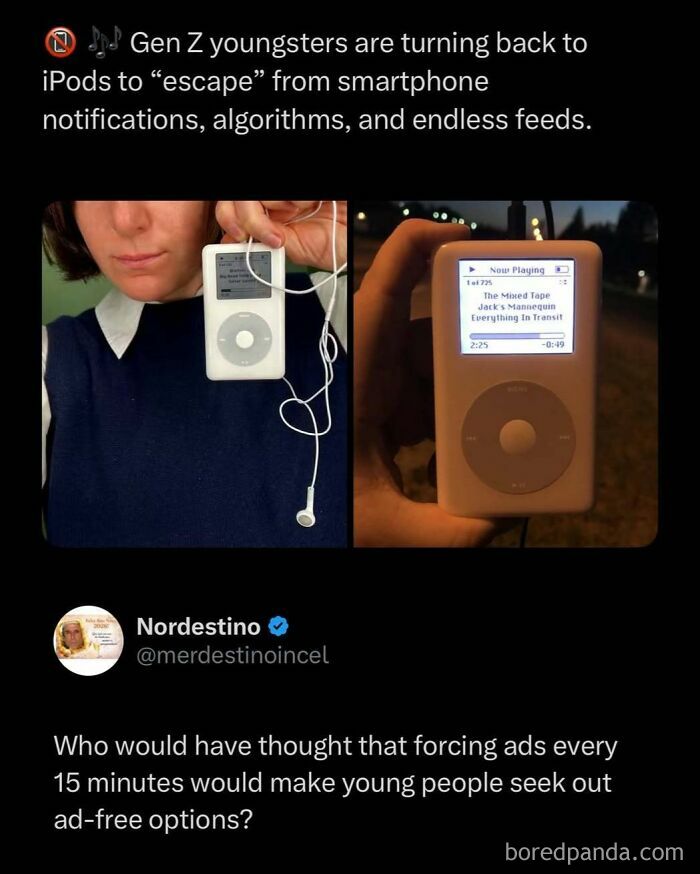 A split image shows Gen Z youngsters using an iPod, highlighting viral internet posts and enjoyable scrolling.