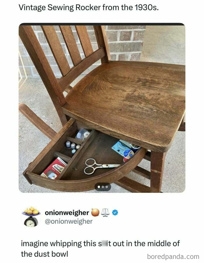 A vintage sewing rocker from the 1930s with a drawer containing sewing supplies, an internet post that made scrolling enjoyable.