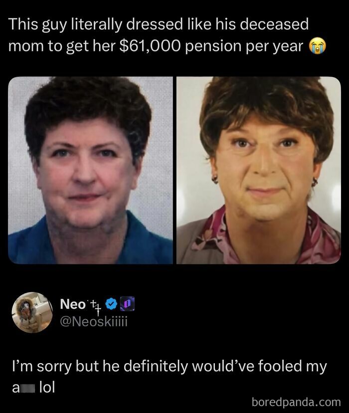 A side-by-side comparison for internet posts, showing a man dressed as his deceased mother for pension fraud.