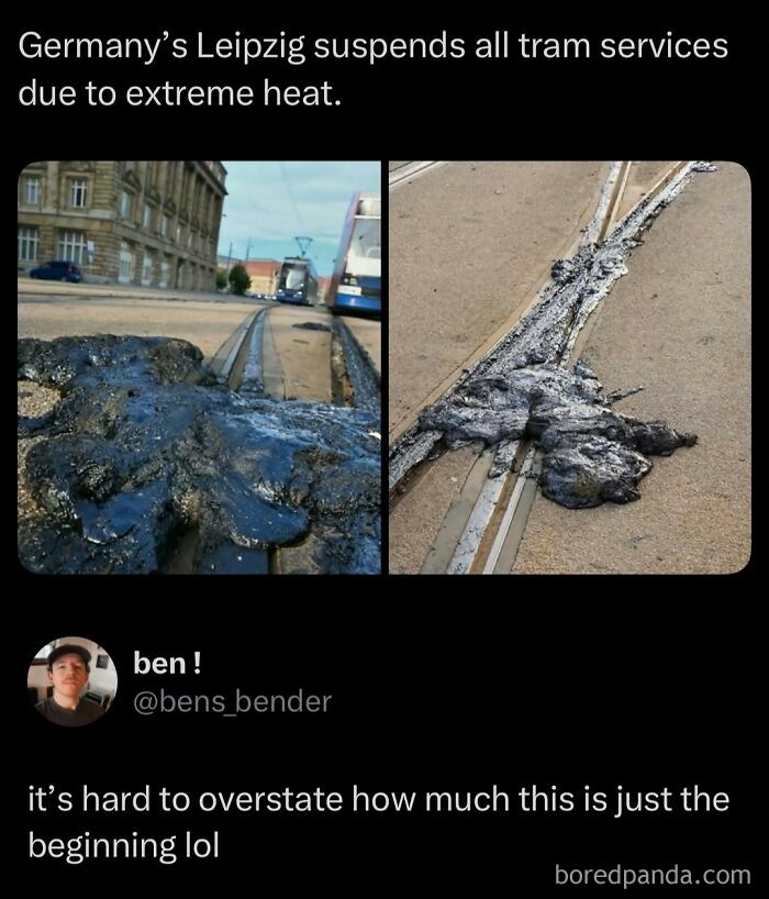 An internet post shows asphalt melting on tram tracks in Leipzig due to extreme heat, a viral moment reflecting climate.